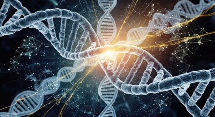 Glowing dna helix with futuristic digital connections and abstract background