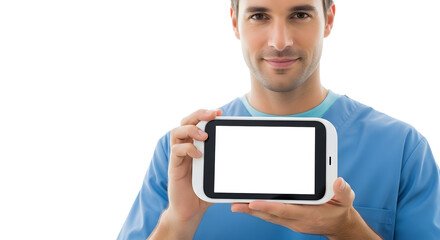 Professional man in blue uniform holding a blank digital tablet screen for business content PNG isolated background