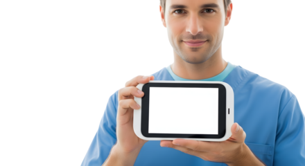 Professional man in blue uniform holding a blank digital tablet screen for business content PNG isolated background