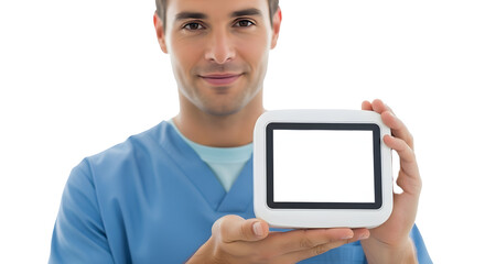 Confident male nurse in medical uniform showing a modern white device with a blank screen for data presentation