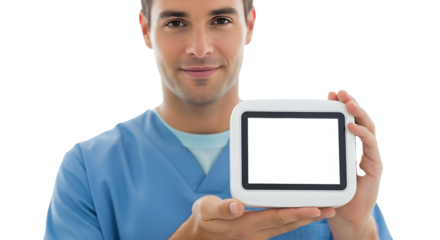 Confident male nurse in medical uniform showing a modern white device with a blank screen for data presentation