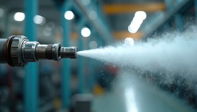 Metal industrial spray nozzle releases fine mist. Equipment used in factory production lines for cleaning or cooling. Focus on nozzle detail and blurred background.