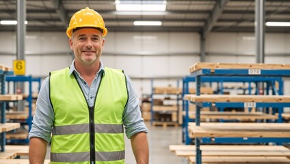 Portrait of a smiling warehouse worker in a hard hat and safety vest. Confident middle-aged man standing in a large distribution center. Logistics and supply chain industry concept
