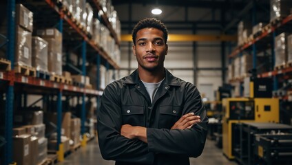 Fototapeta premium Confident black male worker standing in a large warehouse. Professional young employee with arms crossed in a factory or distribution center. Logistics and supply chain management