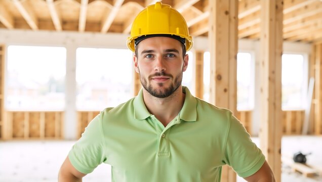 Portrait of a confident construction worker in a yellow hard hat. Young male builder standing inside a new home during the framing stage