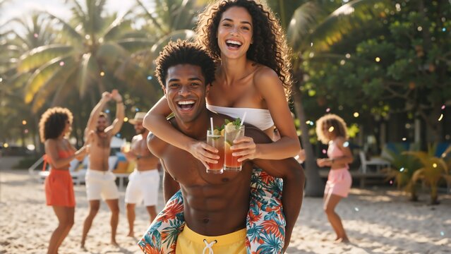 Happy interracial couple enjoying a summer beach party. Man giving a woman a piggyback ride as they laugh and hold cocktails. Tropical vacation lifestyle