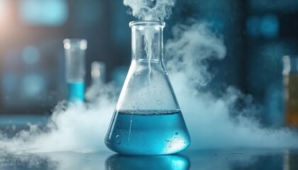 Erlenmeyer flask with blue liquid releases steam and bubbles. Bubbling chemical reaction happens in lab equipment. Science research and discovery in progress.