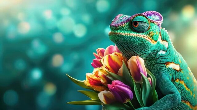 Colorful chameleon holding vibrant bouquet of tulips against blurred background. March 8, International Women's Day. Mother's Day. Spring