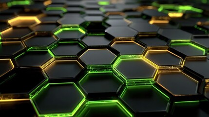 Dark hexagons with neon green glowing edges on surface, abstract geometric pattern creates a futuristic background