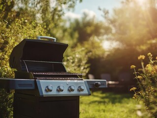 Modern Gas Grill in Lush Garden Setting Under Soft Evening Light