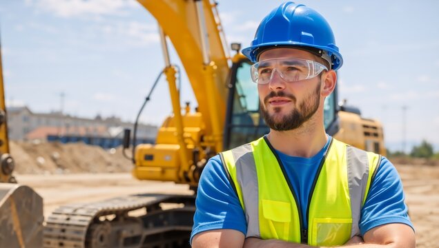 Confident construction worker in a hard hat and safety vest at a building site. Professional male engineer standing with an excavator in the background