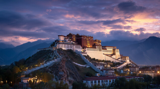 sunset at potala palace in tibet