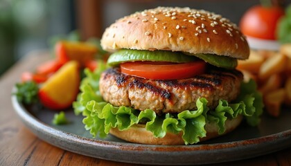 Freshly grilled turkey burger with avocado and tomato on lettuce. Served with roasted vegetables and french fries. Delicious healthy meal for lunch or dinner.