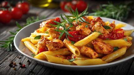 Penne pasta dish with grilled chicken and fresh tomatoes in red sauce served on a white plate on a dark wooden table