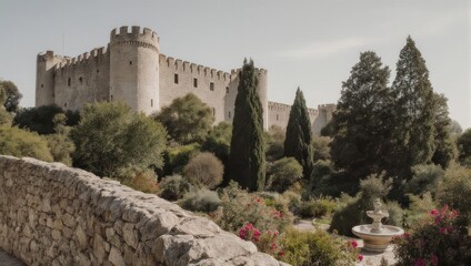 Obraz premium Majestic Stone Castle Amidst Lush Greenery and Serene Gardens.