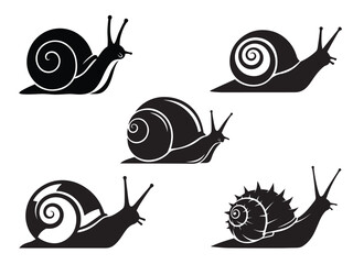 Collection of stylized black snail silhouettes with various shell patterns © Abida