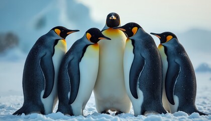 Group emperor penguins huddle together on Antarctic ice. Birds share warmth in cold weather, protecting from snow. Wildlife scene shows animal colony survival.