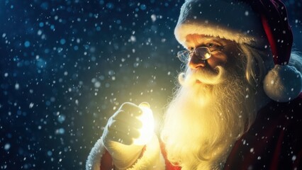Closeup portrait of santa claus holding a glowing light in the falling snow at night