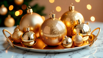 Golden Christmas ornaments arranged on silver tray with blurred lights  