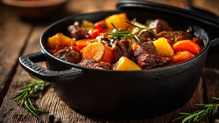 Beef stew with root vegetables in a cast-iron pot, warm golden glow, rustic wooden surface, deep copy space