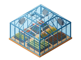Isometric vector 3D view of a greenhouse flower production facility with organized rows of plants and controlled environment agriculture system