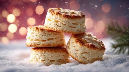 Buttery biscuits stacked in a clean composition, soft snowy surface beneath, gentle Christmas glow