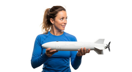 Confident businesswoman showcases a modern white submersible prototype representing future maritime technology and innovation for exploration