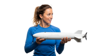 Confident businesswoman showcases a modern white submersible prototype representing future maritime technology and innovation for exploration