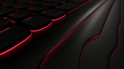 A modern black gaming keyboard with glowing red LED backlighting. Futuristic high-tech computer peripheral with a sleek, dark design