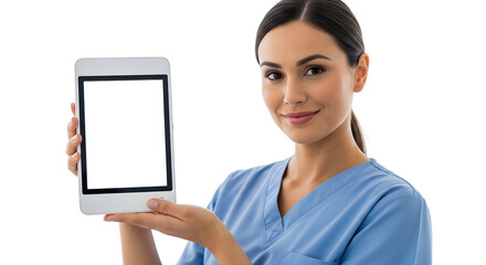 Smiling female healthcare worker in blue scrubs proudly presents a blank digital tablet with a white screen for your custom content