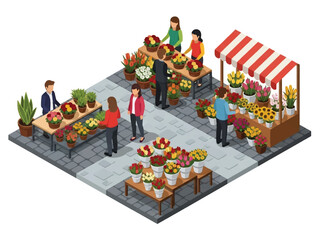 Isometric vector 3D view of a lively street flower market with vendors selling bouquets and potted plants in an outdoor urban setting