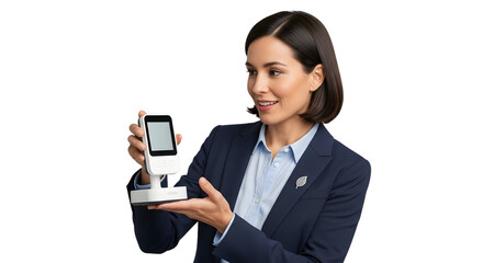Smiling woman in business attire showcasing a sleek portable point of sale device for efficient commerce