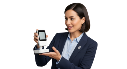 Smiling woman in business attire showcasing a sleek portable point of sale device for efficient commerce