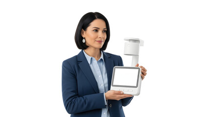 Confident female professional holding a sophisticated white IoT device designed for smart environment monitoring on a cutout background