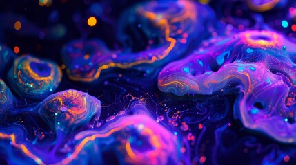 Vibrant abstract background of glowing neon fluid forms. Bioluminescent liquid art in motion with futuristic cosmic patterns