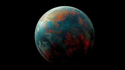 A fiery exoplanet covered in lava burning in the darkness of space. Apocalyptic world concept of a global disaster or volcanic activity. Science fiction 3d render