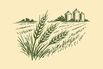Wheat field with grain silos vintage sketch vector illustration © Victoria