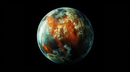 A detailed 3d render of a fictional alien exoplanet in deep space. Colorful world with orange continents and a teal atmosphere. Science fiction background for cosmic exploration concepts