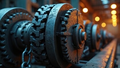 Obraz premium Heavy industrial machinery gears and chains in a factory setting. Metallic parts rotate, indicating production and power. Close-up view of complex mechanics, engineering, and automation.