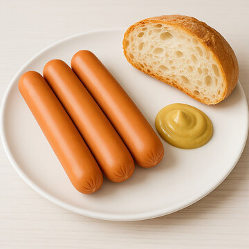 Sausages on a plate with bread and mustard