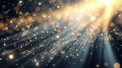 Abstract background with golden glitter particles and bokeh lights. Festive light rays shining on a dark backdrop for a magical celebration or awards concept