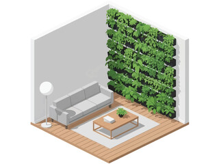Isometric vector 3D view of a modern indoor vertical garden wall with diverse plants, sustainable interior and green architecture concept