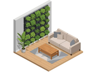Fototapeta premium Isometric vector 3D view of a modern indoor vertical garden wall with diverse plants, sustainable interior and green architecture concept