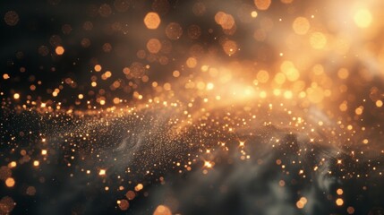 A swirl of golden glitter particles on a dark background. Abstract glowing bokeh lights for a luxury celebration or magical event concept