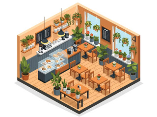 Isometric vector 3D view of a café interior decorated with plants and flowers, cozy nature-inspired ambiance and modern lifestyle scene