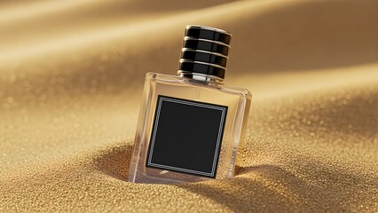 A luxurious perfume bottle with a black label nestled in golden sand dunes