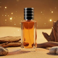 Luxurious amber fragrance bottle in a desert-inspired scene with golden sparkles