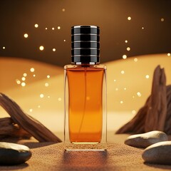 Elegant perfume bottle with amber liquid in a magical desert landscape at night