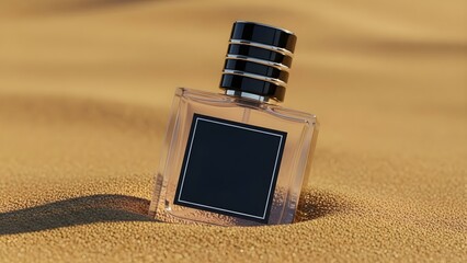 A sophisticated fragrance bottle with a black label and silver-banded cap resting in a sandy desert environment.