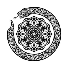 Ouroboros Snake Encircling Floral Mandala Line Art